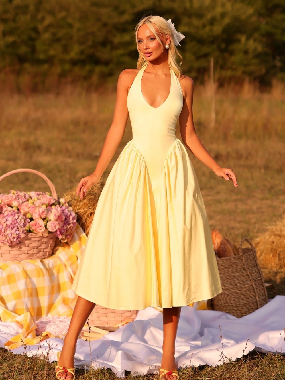 Sunlit Halter Midi Dress in Pale Yellow